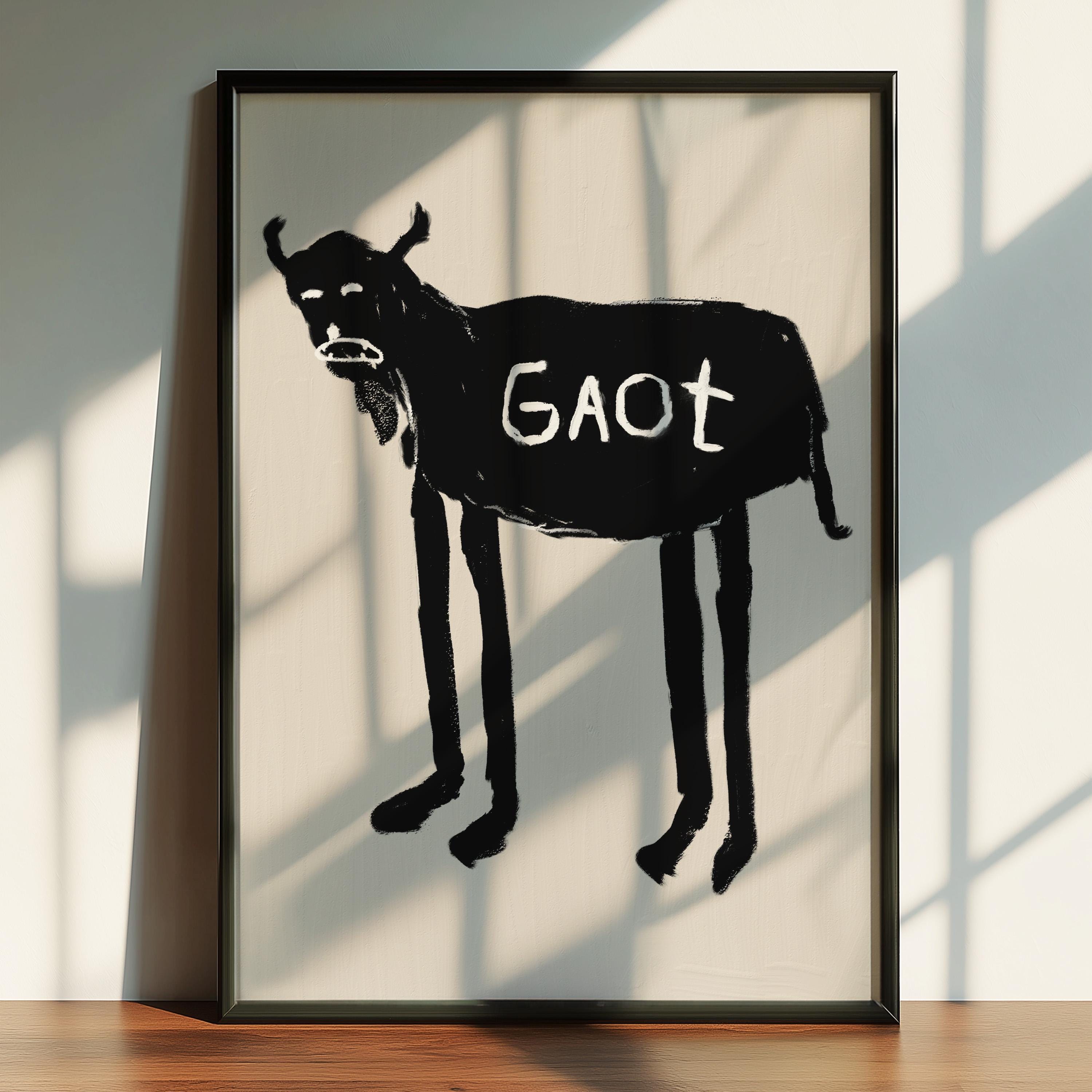 Black Goat Art Print, Beige Printable Wall Art, Animal Illustration ...