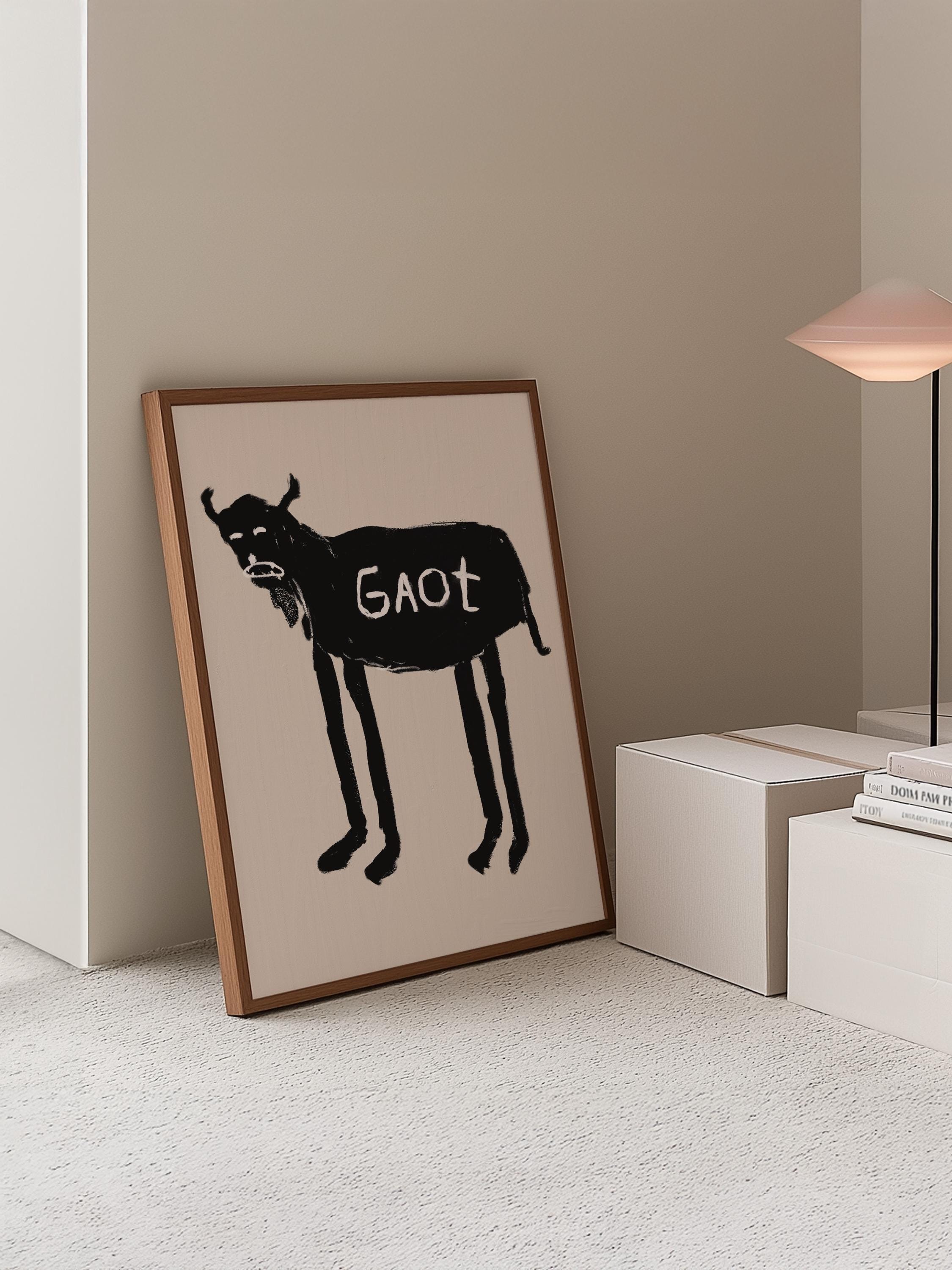 Black Goat Art Print, Beige Printable Wall Art, Animal Illustration ...