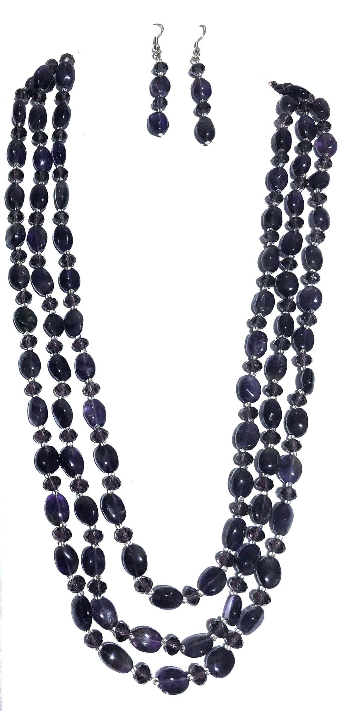 Triple Strand Genuine Amethyst Necklace With Matching Earrings Etsy