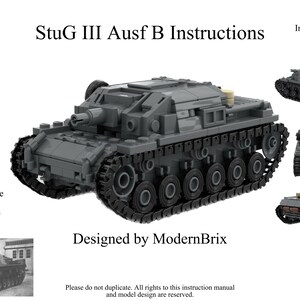 May include: A grey Lego model of a StuG III Ausf B tank, a German assault gun from World War II. The model is built to minifigure scale and includes 387 pieces. The instructions are designed by ModernBrix.