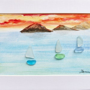 Art du verre de mer, "Voile", Art de galets, Décor de bateaux à voile Sunrise, Cadeau de carte 3D de la fête des pères de peinture originale, Cadeau fait au Canada, Cadeau pour lui