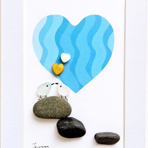 Art du verre de mer, "Nous" Loving Bird Pebble Art, Beach Art, Cadeau de la Saint-Valentin, Carte 3D de la Saint-Valentin, Carte-cadeau d'anniversaire
