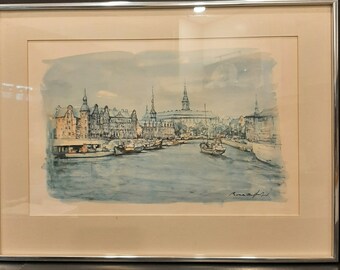 Spanish Artist JAUME ROCA DELPECH(1910-1968)Vintage Watercolor Painting Offset Print Copenhagen Slotsholment Printed in Denmark 1966 Framed