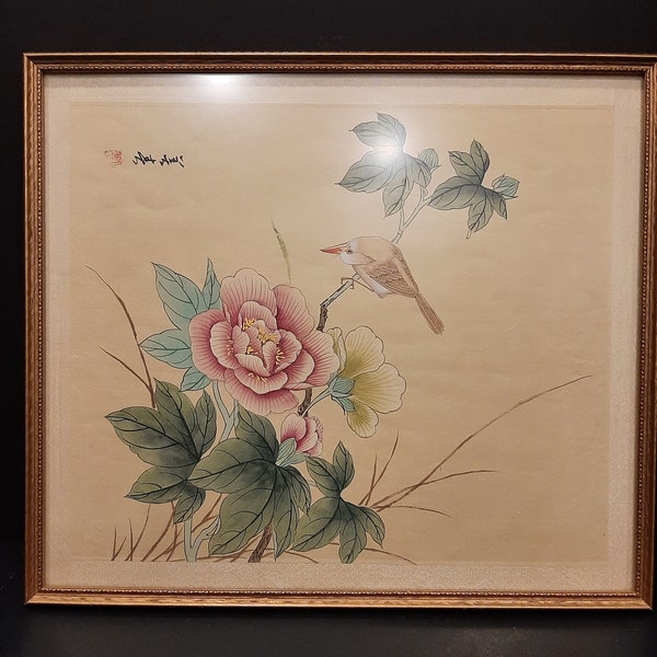 Vintage Traditional Chinese GONGBI Watercolor Painting on Silk Signed by "BIRD & FLOWERS" Stamped Framed Circa second half 20th century