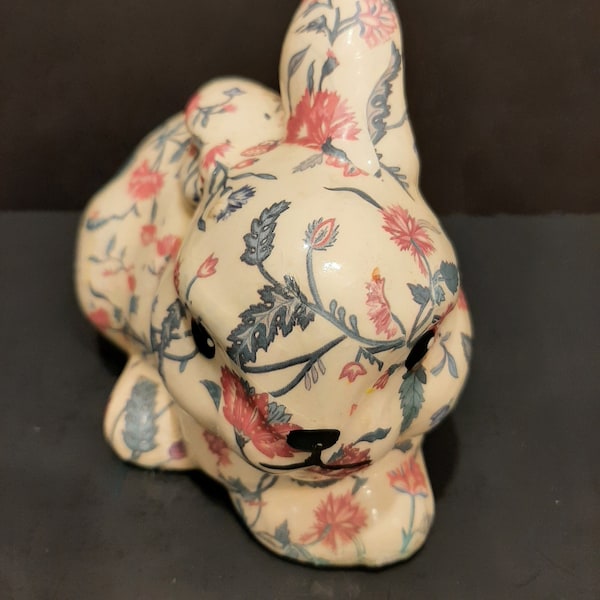 Vintage Porcelain Patchwork Floral Bunny Rabbit Figurine Designs by Joan Baker Circa Middle of Century.
