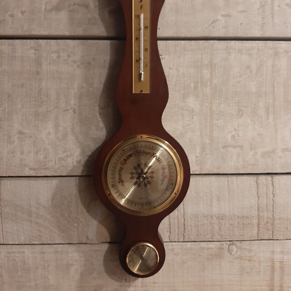 Vintage Solid Wood & Brass Weather Station Barometer Thermometer Hygrometer Banjo Style Shape Wall Mounted West Germany Circa 1950- 1960.