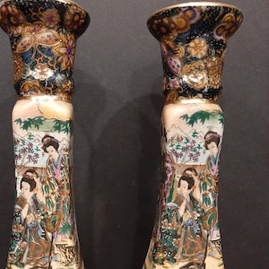 Pair Vintage Kutani Japanese Satsuma Gilded Hand Painted Pattern Porcelain Candlestick Holders Circa Middle Century