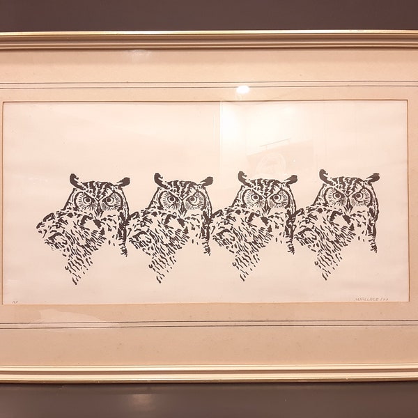 Vintage Stencil Artwork  Original Painting Silhouettes of Owl Painting by Artist WALLACE Circa1977