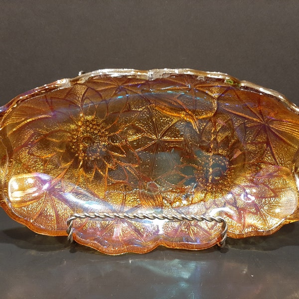 Vintage Indiana Glass Company Amber Pressed Glass Embossed Flower Pattern Serving Oval Dish Bowl Circa Second Half 20th Century