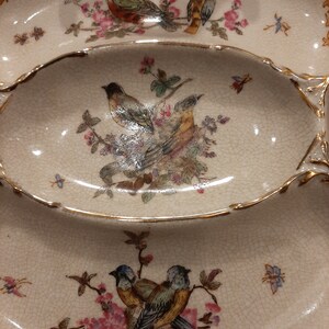 May include: A white ceramic serving dish with a gold rim and floral design. The dish is divided into two sections, each featuring a different floral pattern with birds. The birds are painted in shades of blue, green, and yellow.