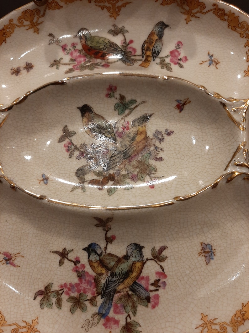 May include: A white ceramic serving dish with a gold rim and floral design. The dish is divided into two sections, each featuring a different floral pattern with birds. The birds are painted in shades of blue, green, and yellow.