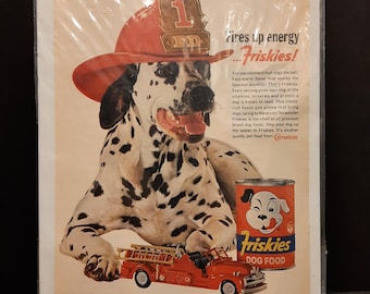Pubblicità originale da collezione vintage del 1962 per il cibo per animali Carnation "Fires Up Energy Friskies" sulla rivista