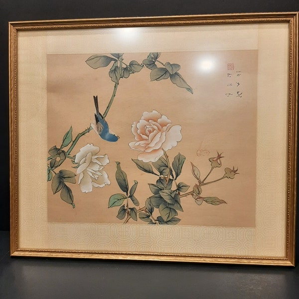 Vintage Traditional Chinese GONGBI Watercolor Painting on Silk Bird & Flowers Signed Painter Stumped Framed Circa Second Half 20th Century