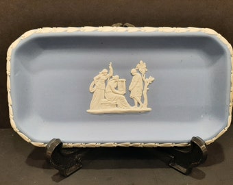 WEDGWOOD Blue Jasperware Trinket Dish with White Sprigged Reliefs Made in English Circa Second Half 20th century