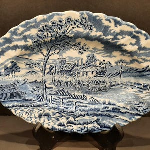 Vintage MYOTT Porcelain Serving Oval Plate Blue White Royal Mail Fine Staffordshire Ware Made in England   Circa 1970s.