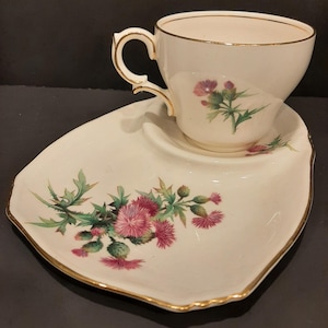 May include: A white teacup and saucer set with a gold trim and a floral design featuring pink thistles. The saucer is shaped like a plate with a small indentation for the cup.