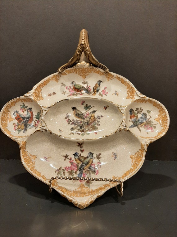 Vintage Art Nouveay Wong Lee WL 1895 Crackle Glaze China Porcelain Service Plate with Bronze Handel Hand Painted  Style of Napoleon III