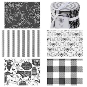 May include: A set of black and white fabric featuring various farm-themed patterns. The patterns include a chalkboard style design with farm animals, a striped pattern, a pattern with jars and bees, and a plaid pattern.