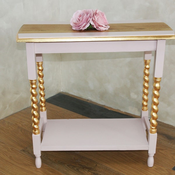 Console table or drinks cocktail table. Upcycled, gold leaf, potters pink, solid oak
