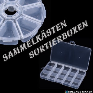 Könnte beinhalten: Zwei transparente Kunststoff-Aufbewahrungsboxen. Die erste Box ist rund mit sieben Fächern. Die zweite Box ist rechteckig mit 12 Fächern. Der Text "SAMMELKÄSTEN SORTIERBOXEN" ist auf dem Bild sichtbar.