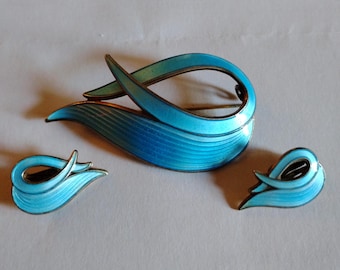 Vintage Albert Scharning Sterling Silver Blue Enamel Pin & Earrings Set