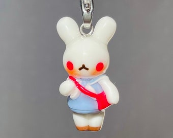 Handmade School Uniform Bunny Polymer Clay Keychain| Study, Cute, Tiny, Kawaii Charm, Perfect For Anxiety, Summer, Sculpture, Student, Blue