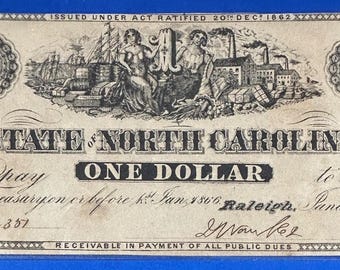 Authentic 1863 One Dollar State of North Carolina - Raleigh Note