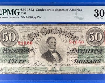Authentic 1863 Fifty Dollar Confederate States Note - PMG Very Fine 30
