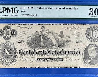 Authentic 1862 Ten Dollar Confederate Note - PMG Very Fine 30