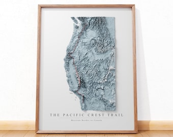 Mappa del Pacific Crest Trail, stampa dettagliata delle montagne della Sierra Nevada, mappa della costa occidentale, mappa murale del Pacific Crest Trail, mappa Thru Hiker, Cascade Range