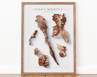 Topografische kaart van de 'Mighty 5' van Utah: de nationale parken Arches, Zion, Bryce, Canyonlands en Capitol Reef.