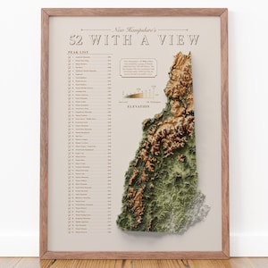 Może przedstawiać: Oprawiony wydruk „52 With a View” z New Hampshire. Grafika przedstawia szczegółową mapę topograficzną New Hampshire w odcieniach zieleni i brązu, z listą szczytów i szczegółami wysokości. Wydruk jest oprawiony w drewnianą ramę.