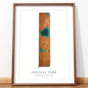 Central Park : carte | Carte topographique | de style en bois | Carte du parc de la ville de New York | Art mural | Décoration d'intérieur