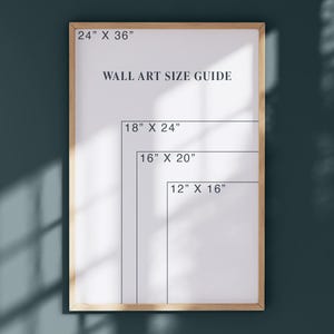 a wall art size guide, which provides dimensions for different art sizes ranging from 24" x 36" to 12" x 16" in inches.