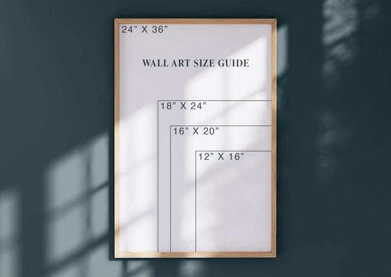 a wall art size guide, which provides dimensions for different art sizes ranging from 24" x 36" to 12" x 16" in inches.