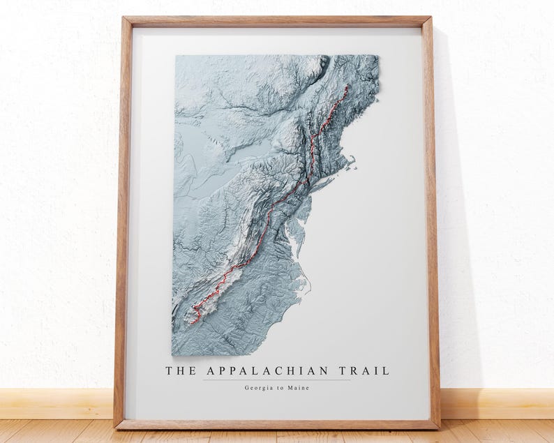 Appalachian Trail map art, topographic map art, Appalachian Trail gifts, office wall decor for men, cartography art, hiking gifts for him image 1