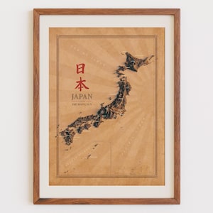 Japanse kaart als wanddecoratie: vintage topografische print (schaduwreliëf)
