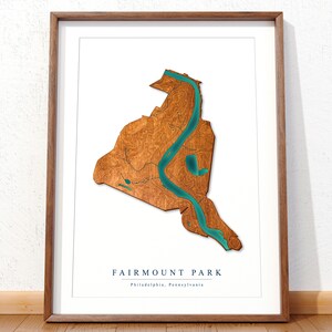 Carte du parc Fairmount en bois | Carte topographique | Carte du parc Fairmount | Carte de Philadelphie | Carte moderne | Art mural | Décoration d'intérieur