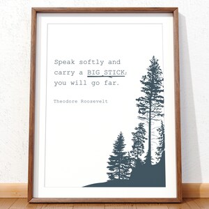 Sprech sanft Zeichen, Teddy Roosevelt Zitat Druck, Cabochon Dekor für die Wand, Waldkinderzimmer Dekor Junge, Teddy Roosevelt Geschenke, rustikale Wanddekoration