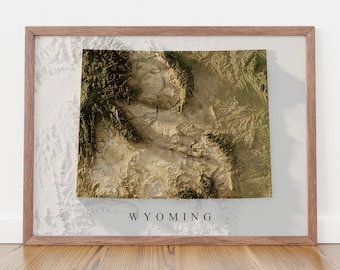 May include: A framed print of a topographic map of Wyoming. The map is in shades of brown and green, with the state name "WYOMING" printed in white at the bottom.