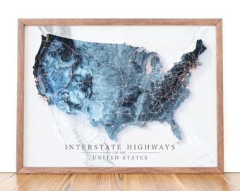 US Interstate Highway Topographic Map Print: Modern Cartography Art