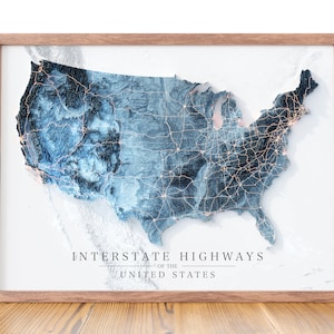 Interstate Highway-kaart van de Verenigde Staten afdrukken, topografische kaart van de VS, kantoormuurdecoratie voor mannen, cartografiekunst, kaartgeschenken