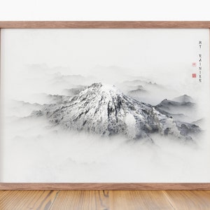 マウントレーニアプリントウォールアート、日本風マウントレーニアポスター、シアトルオフィスの壁装飾、地図作成アート、地図ギフト、太平洋岸北西部アート