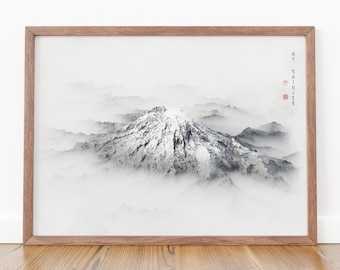 Mt Rainier Print: Japanese Style Mountain Art, Pacific Northwest Decor