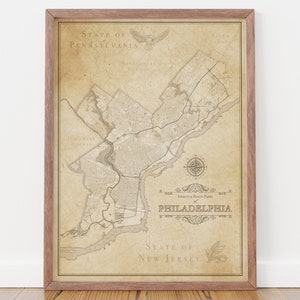 Vintage kaartposter Philadelphia, vintage muurkunst stad Philadelphia, antiek Philadelphia-cadeau voor herenkantoor, woondecoratie Philadelphia