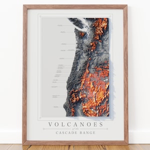 Impression de carte topographique des volcans de la chaîne des Cascades pour des cadeaux pour les randonneurs du nord-ouest du Pacifique, décoration de randonnée des volcans le long du sentier des crêtes du Pacifique