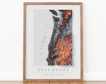 Volcanoes of the Cascade Range Print, Lava Volcano Wall Art, Seattle Office Wall decor, Cartography Art, Map Gifts, Pacific Northwest Art
