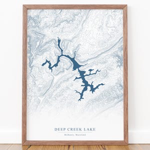 Carte du lac Deep Creek, carte topographique du lac Deep Creek, Maryland, carte des contours du parc d'État de Deep Creek Lake, cadeau du lac Deep Creek