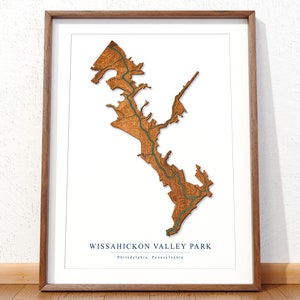 Wissahickon-kaart in houten stijl | Topokaart | Kaart Wissahickon Valley Park | Moderne kaart | Muurkunst | Woondecoraties