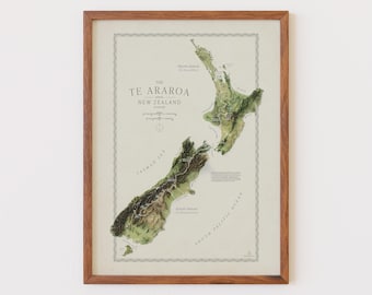 Te Araroa Trail-kaart, Nieuw-Zeeland wandelkunst aan de muur, cadeau wandelaar, beleef je Te Araroa-avontuur opnieuw, topografische Nieuw-Zeelandse wandelkaart